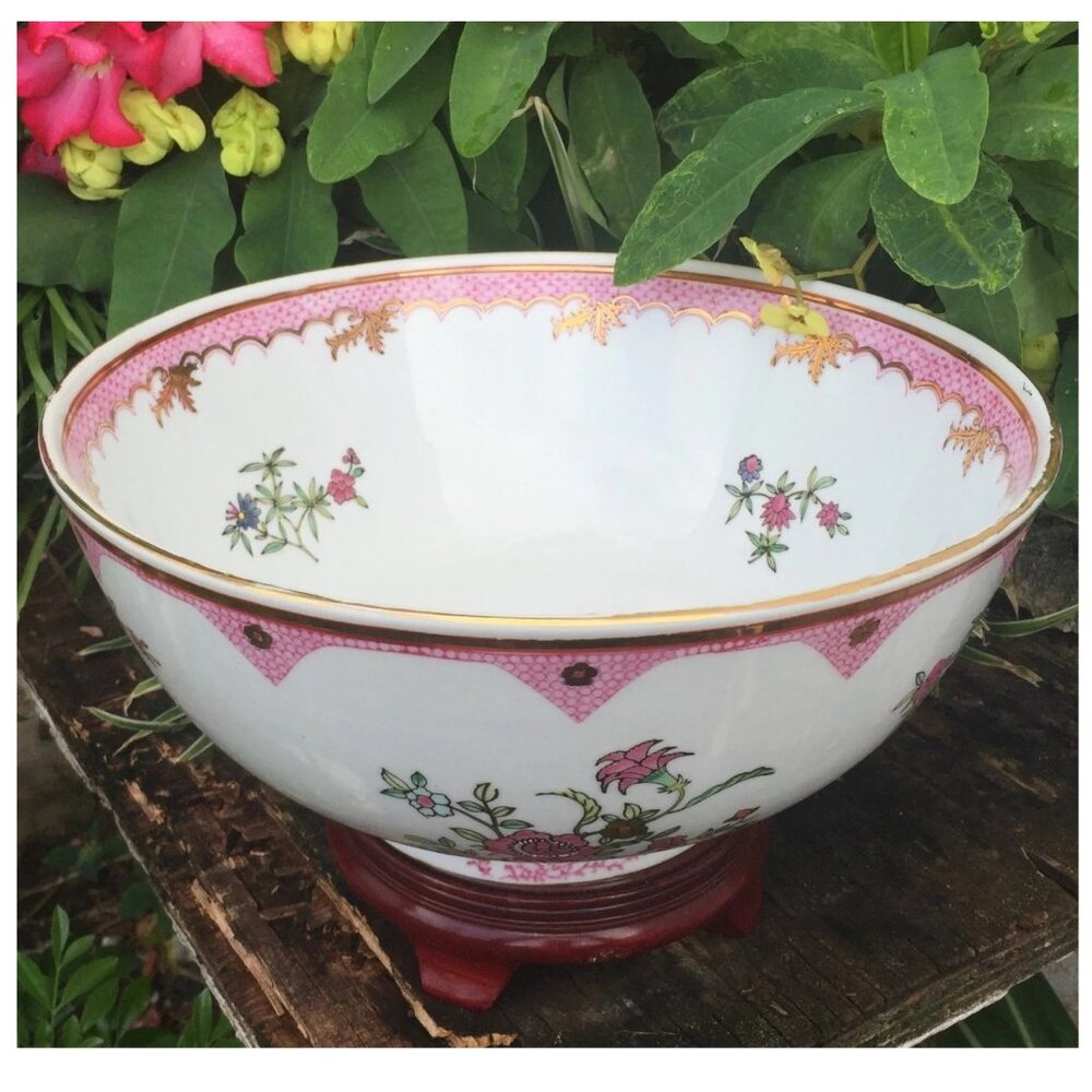 HUGE! Hua Ping Tang Zhi Famille Rose Punch Bowl Lowestoft Pattern Chinese Export